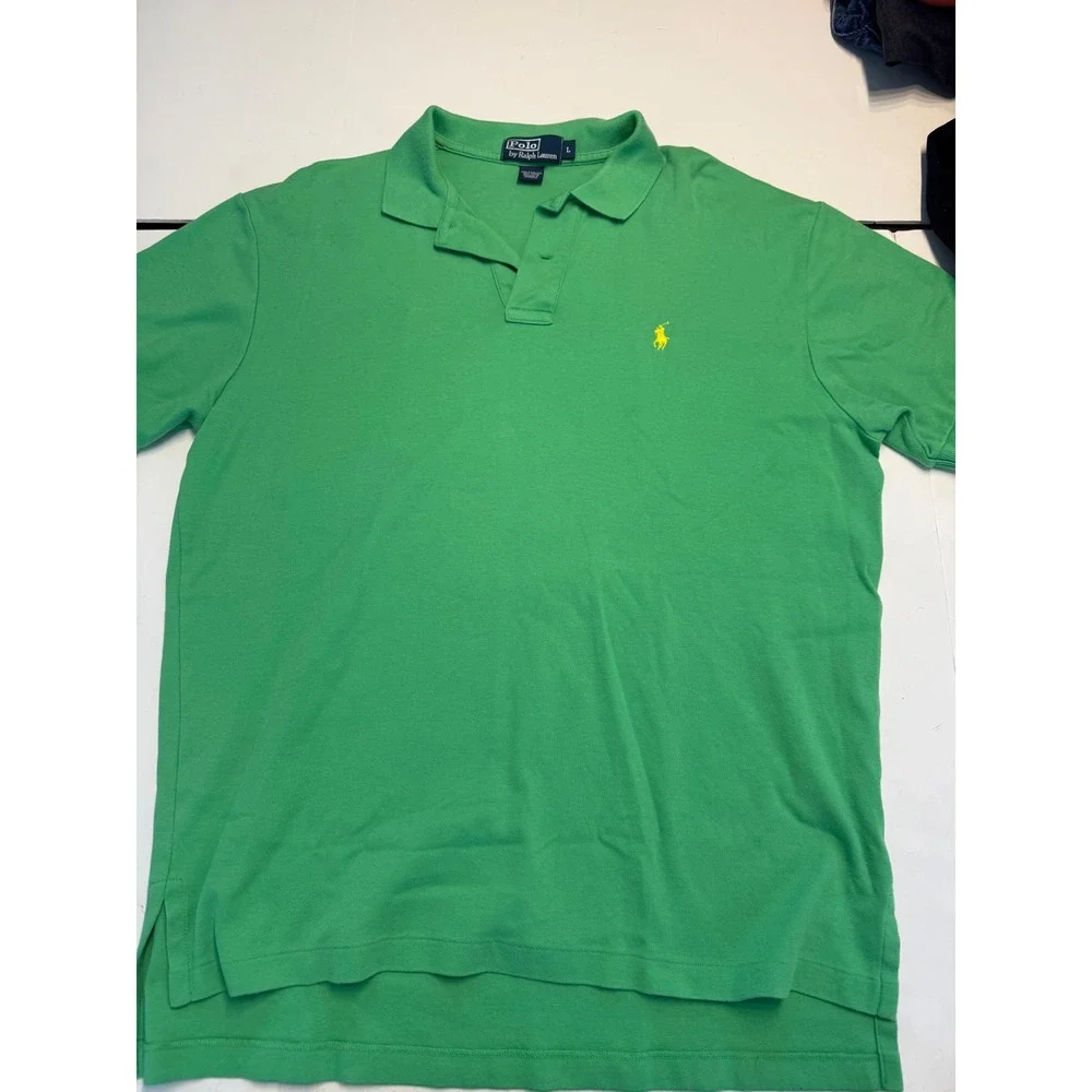 Polo Ralph Lauren Mens Green Cotton Pique Short Sleeve Polo Shirt Yellow Pony L